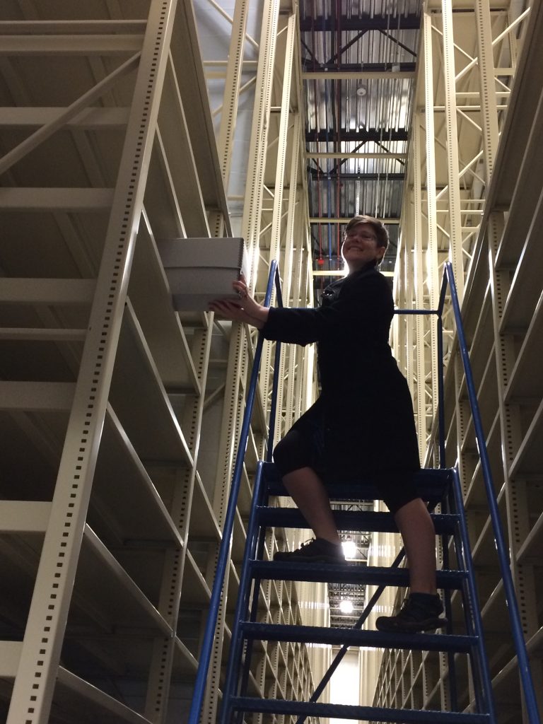 Suzy on a ladder, silhouetted against the high density shelving as she is placing an archival box on the shelf.